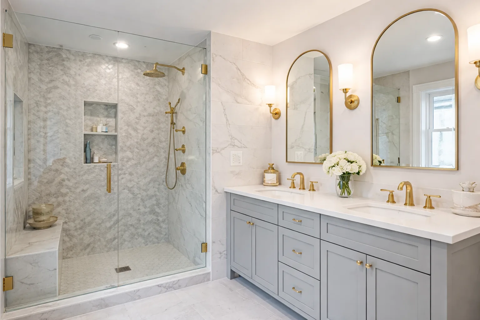Completed bathroom remodel with tiled shower and glass enclosure.