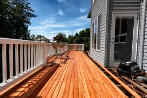 Complete home outdoor deck remodel with new red cedar wood planks being installed